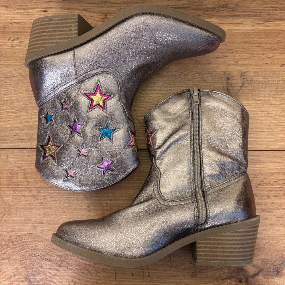 STEVE MADDEN Mirey Star Cowboy Boots Pewter Metallic Silver Kids Size 5 Low Heel